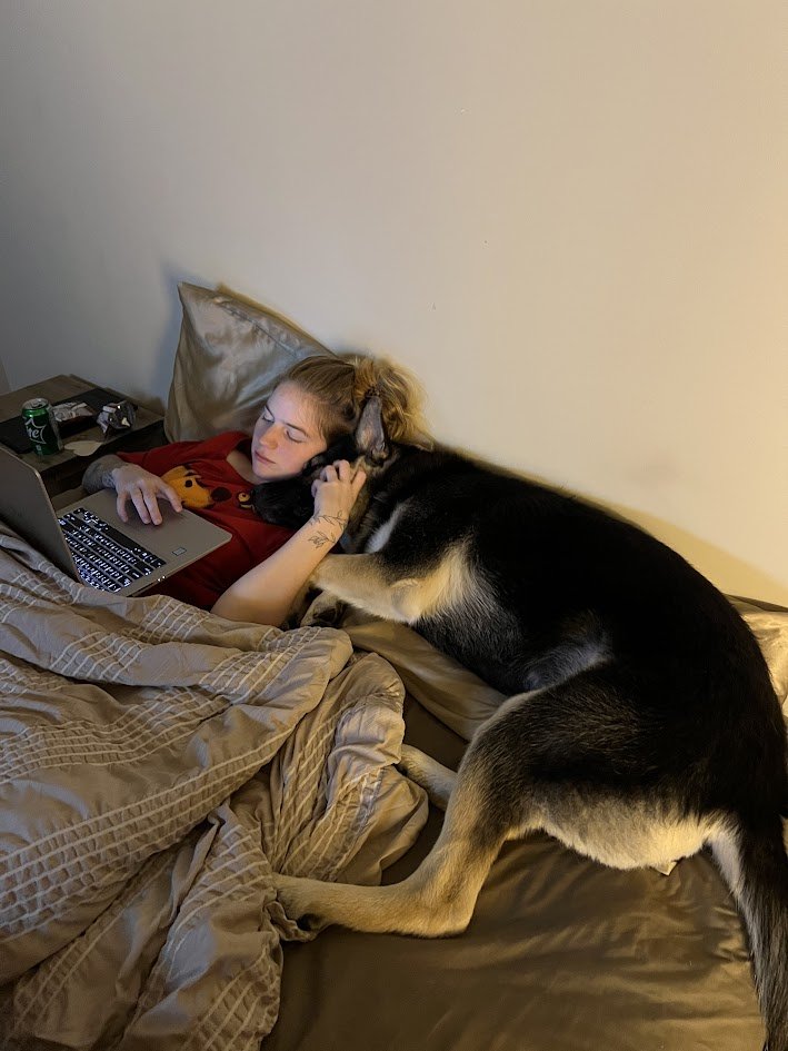 Alyssa napping with the dogs